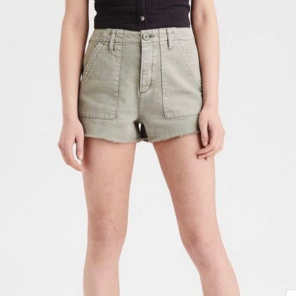 American Eagle AEO Green‎ Super High Rise Utility Raw Hem Shorts 2